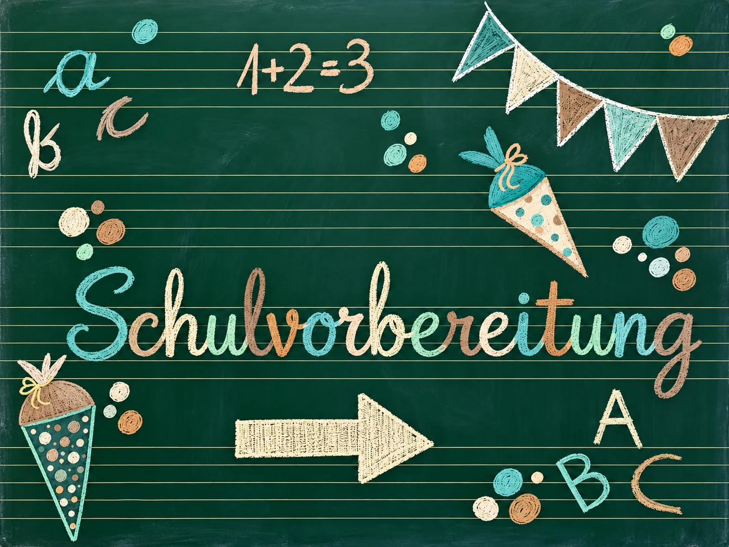 Schulvorbereitung – Kreidetafel mit Buchstaben, Zahlen und Zeichnungen in Türkis und Beige